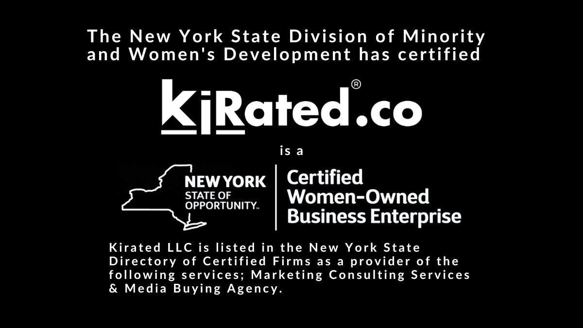 Logo card, NYState Div of Minority & Women's Development has certified Kirated.co as a Certified Women Owned Business Enterprise a WBE